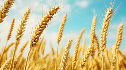 A field of ripe wheat ears under a clear blue sky, showcasing the beauty and abundance of nature's harvest.