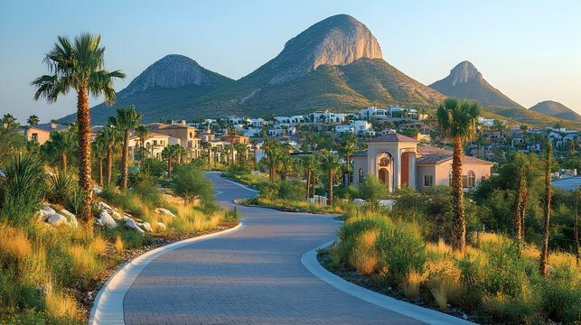 Winding road through luxury hillside community at sunrise