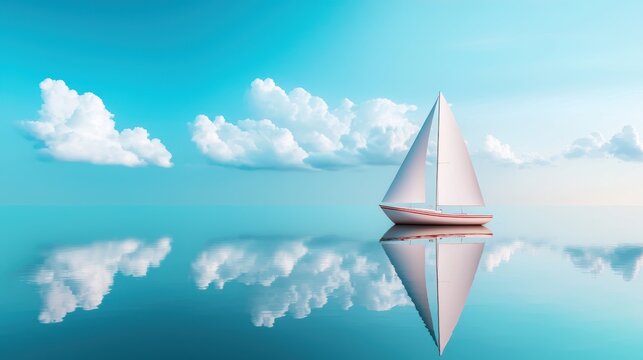 A lone sailboat gliding across a lake, its reflection mirrored in the calm water alongside the fluffy white clouds above, creating a sense of peace and solitude.
