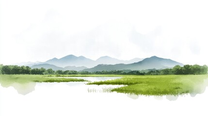 Watercolor landscape of a tranquil lake and mountains