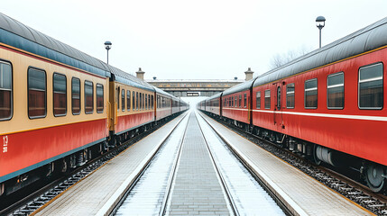 Fototapeta premium Winter train platform with two trains