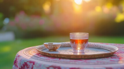 Tea Ceremony on Elegant Tray with Morning Sunlight at Garden