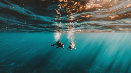 Underwater Dolphins Swimming, Sunlight Rays, Ocean Depths