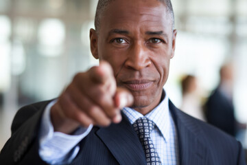African American businessman pointing at camera