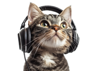 Gray cat wearing black headphones isolate on transparent background
