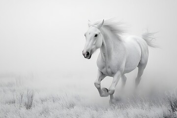 Obraz premium Majestic white horse galloping in misty field