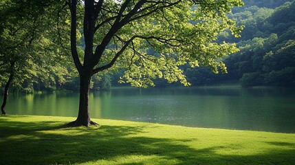Fototapeta premium Tranquil Summer Lake Scene with Lush Green Tree and Sunlight