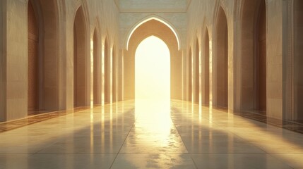 Fototapeta premium Sunlit Archway in Calm Indoor Space with Reflections and Warm Light