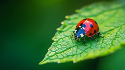 Fototapeta premium Ladybug on Leaf with Copy Space