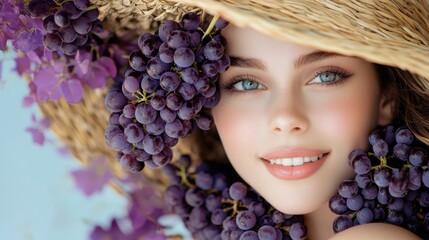 A woman with a straw hat and gloves, smiling brightly as she carries a basket overflowing with freshly picked grapes, representing the joy of harvest.