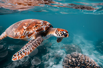 A sea turtle swimming gracefully in the ocean, showcasing its beautifully patterned shell while gliding through the clear blue water in its natural marine habitat.