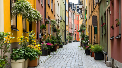 Fototapeta premium Colorful Buildings Line a Narrow Cobblestone Alley Filled with Flowers