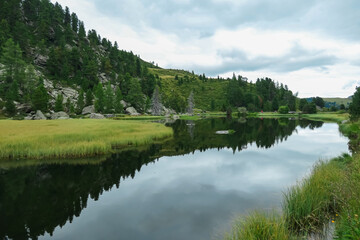 Tranquil pond reflects dramatic sky and rolling, grassy slopes of the Nocky Mountains. Patches of dark evergreen forest.  Lush green alpine meadow in Carinhtia, Austria. Nockberge Biosphere Reserve