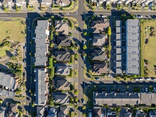 High-angle view of a residential neighborhood. Modern homes and townhouses, various architectural styles. Ideal for real estate or urban planning. STONEFIELDS, AUCKLAND, NZ