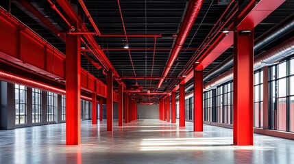 Vivid red metal beams support expansive commercial