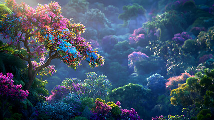 Naklejka premium Vibrant Colorful Forest Landscape with Lush Trees and Sunlight