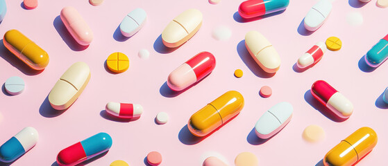 Colorful capsules and pills scattered on pink background create vibrant pharmacy scene