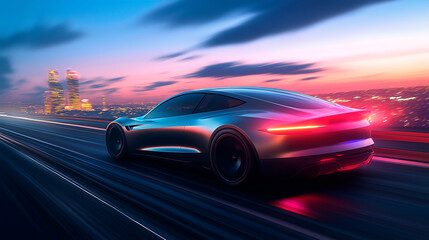 Futuristic electric sports car speeding on a neon-lit highway at night