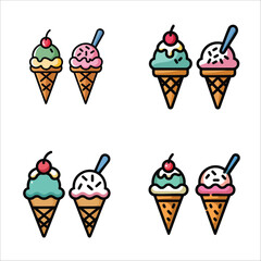 Delicious Ice Cream Cone Icon – Green and Pink Scoops with Toppings, Cherry, Sprinkles, and Spoon – Perfect for Dessert, Summer, and Sweet Treat Illustrations