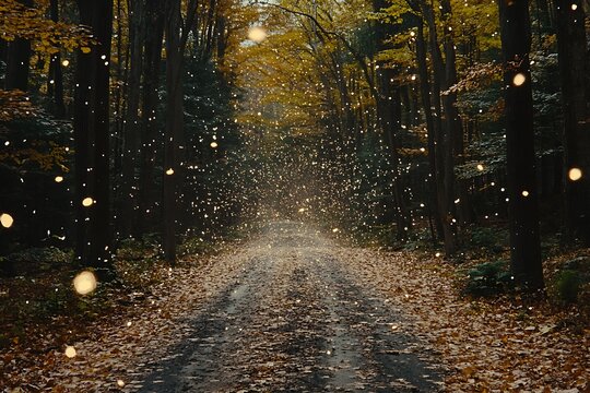 Serene autumn forest path illuminated by soft sunlight, surrounded by colorful foliage and falling leaves