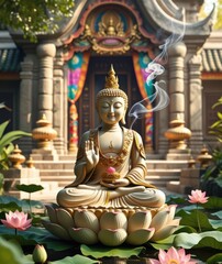 A peaceful temple scene featuring a Buddha statue, incense smoke, and intricate wooden carvings.
