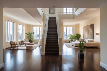 A serene and elegant duplex apartment with dark hardwood floors, cream walls, and modern aesthetics.
