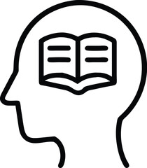 Side profile of human head, open book inside brain, simple line drawing, minimalist icon, knowledge concept, education symbol, learning visualization, black and white illustration, mind literacy, inte