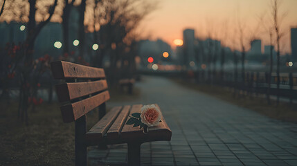 Fototapeta premium Rose on park bench at sunset, city background; romantic mood