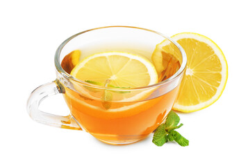 Tasty mint tea in cup, lemon and fresh leaves isolated on white