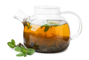Aromatic mint tea, fresh and dried leaves isolated on white