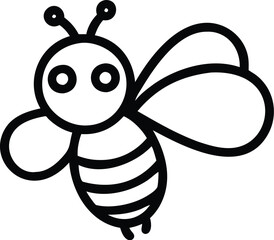 Cute cartoon bee, black and white line drawing, simple design, big round eyes, smiling expression, striped body, small wings, antenna, minimalist style, vector graphic, children's book illustration, c