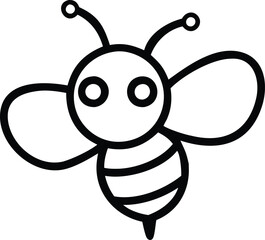 Cute cartoon bee, black and white line drawing, simple design, big round eyes, smiling expression, striped body, small wings, antenna, minimalist style, vector graphic, children's book illustration, c