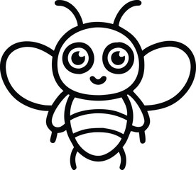 Cute cartoon bee, black and white line drawing, simple design, big round eyes, smiling expression, striped body, small wings, antenna, minimalist style, vector graphic, children's book illustration, c