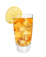 Refreshing tea with ice cubes and slice of lemon isolated on white