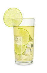 Refreshing tea with ice cubes and slices of lime isolated on white