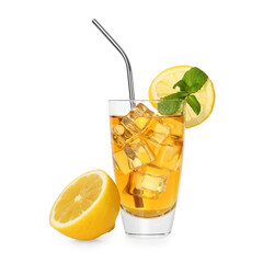 Refreshing iced tea with mint, slices of lemon and drinking straw isolated on white