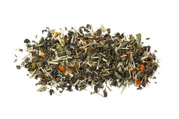 Pile of dry tea leaves isolated on white, top view