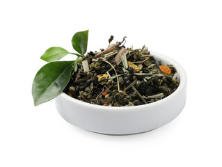 Dried and fresh tea leaves in bowl isolated on white