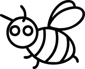 Cute cartoon bee, black and white line drawing, simple design, big round eyes, smiling expression, striped body, small wings, antenna, minimalist style, vector graphic, children's book illustration, c