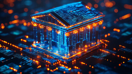 Futuristic digital bank structure made of circuits and lights.