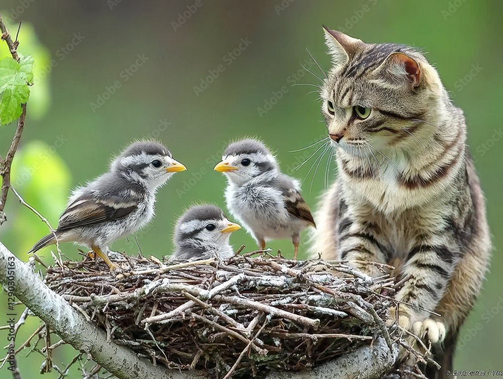 Wall mural Curious Cat Observing Bird Nestlings