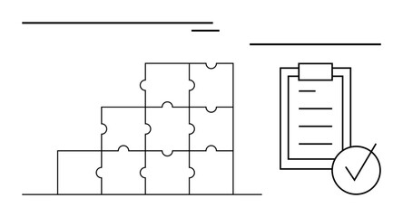 Stacked puzzle blocks next to checklist with check mark, symbolizing strategy, goals, and completion. Ideal for teamwork, productivity, planning, organization, process success abstract line flat
