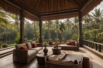 Fototapeta premium A tropical paradise in Ubud, Bali, with dense jungles, exotic wildlife, and stunning rice paddies. 