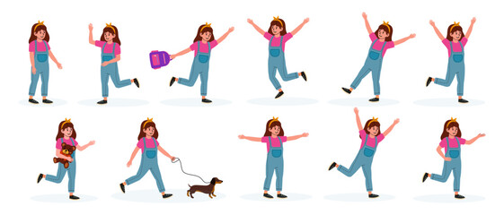 Young girl celebrating with a crown, engaging in joyful activities in different poses