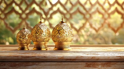Elegant Golden Decorative Lanterns on Wooden Surface with Soft Light