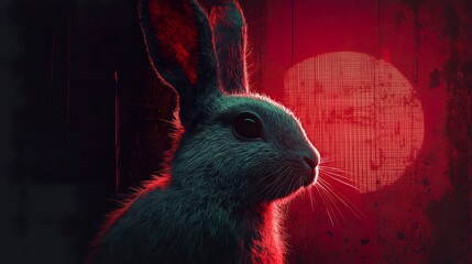 A dramatic and moody portrait of a rabbit in red light
