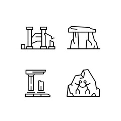 Archaeology icons. Minimalistic ancient ruins and archaeology icons set with historical symbols. Design signs for web page, mobile app, packaging design. Vector illustration