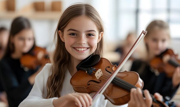 Smiling girl playing violin looking at camera surrounded by classmates in classroom, Generative AI
