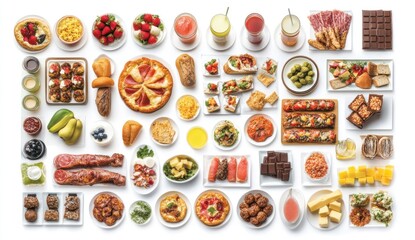 Diverse gourmet food selection on white background.