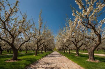 A scenic orchard with vibrant greenery, cool shade, and white flowers swaying in the breeze.
